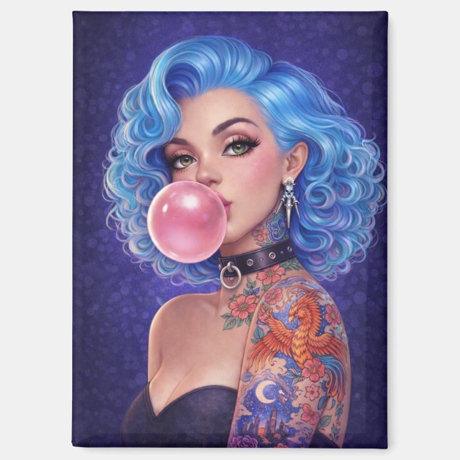 Blue Hair Bubblegum Pin-Up Girl Magnet – Edgy  (Recto)