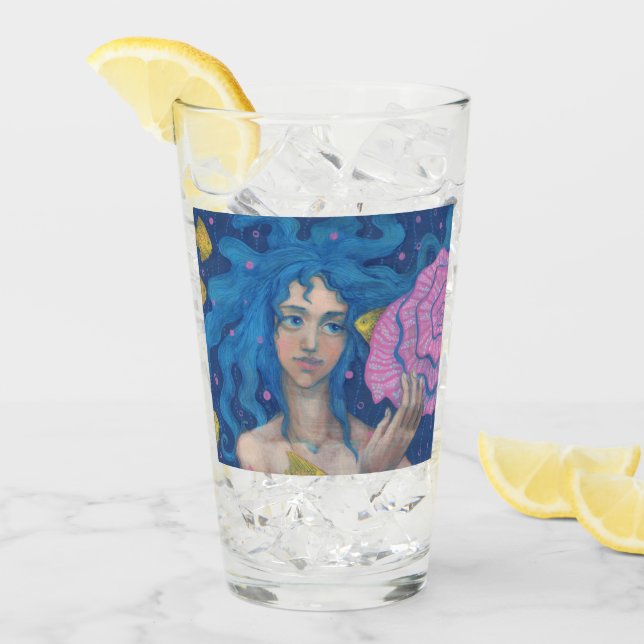 Blue Hair Meerjungfrau Girl Sea Muschel Fisch Fant Glas (Vorderseite Ice)