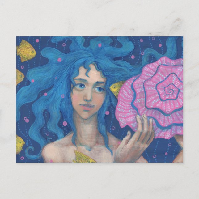 Blue Hair Meerjungfrau Girl Sea Muschel Fisch Fant Postkarte (Vorderseite)