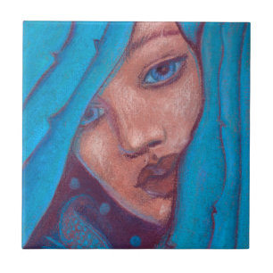 Blue Hair Mermaid Portrait Fantasy Pastel Gemälde Fliese