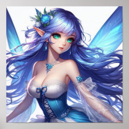 Blue-Haired Tropical Fairy with Emerald Eyes Poster