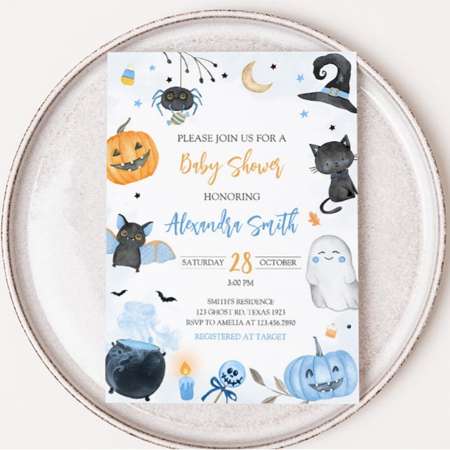 Blue Halloween Baby Dusche Einladung (Boy Ghost Halloween Baby Shower Invitation)
