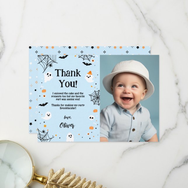 Blue Halloween Ghost Thank You Card Dankeskarte (Vorderseite/Rückseite Beispiel)