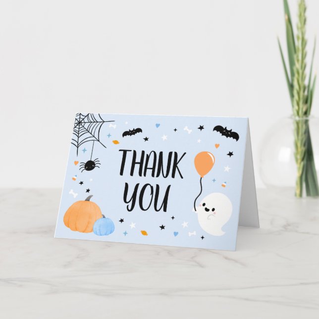 Blue Halloween Little Boo Baby Dusche Dankeskarte (Vorderseite)