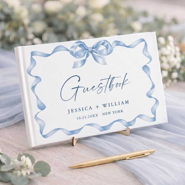 Blue Hand Drawn Bow Ribbon Wedding Gästebuch (Von Creator hochgeladen)