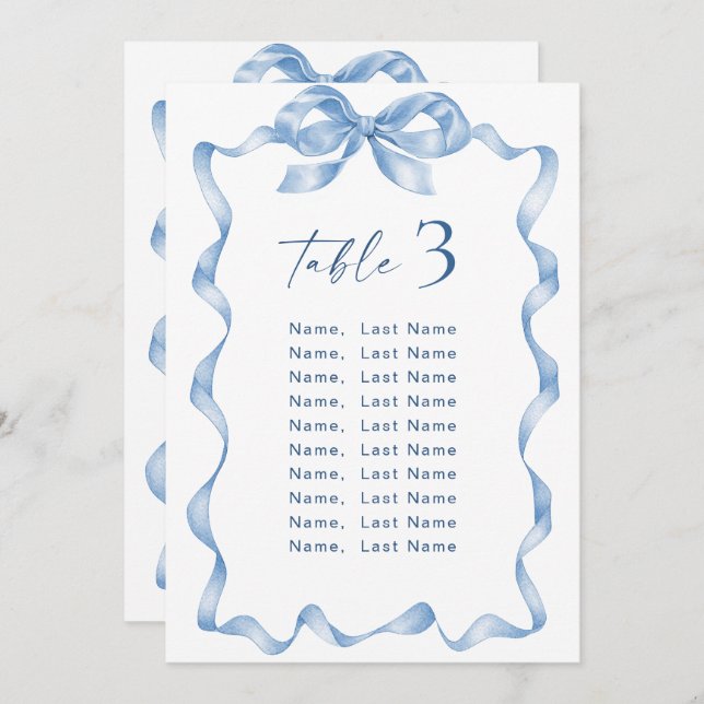 Blue Hand Drawn Bow Wedding Seating Chart Card Kar Einladung (Vorne/Hinten)