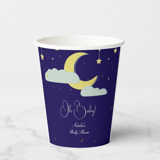 Blue Hand Drawn Celestial Star Moon Baby Dusche Pappbecher (Vorderseite)