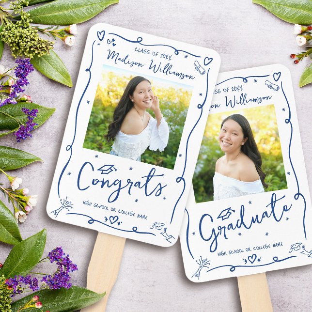 Blue Hand Drawn Doodle Graduation 2 Photo White Fächer (Von Creator hochgeladen)