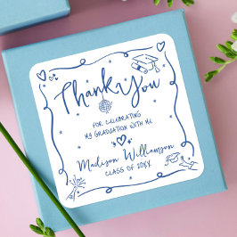 Blue Hand Drawn Doodles Graduation Thank You White Quadratischer Aufkleber