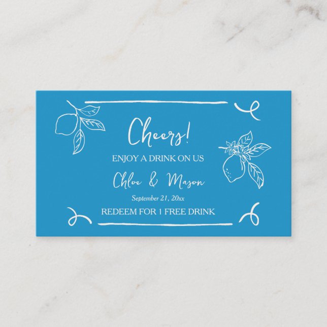 Blue Hand Drawn Lemon Wedding Drink Ticket (Vorderseite)