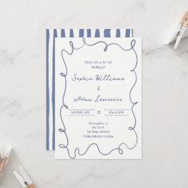 Blue Hand Written Pinstripes Whimsical Wedding Einladung
