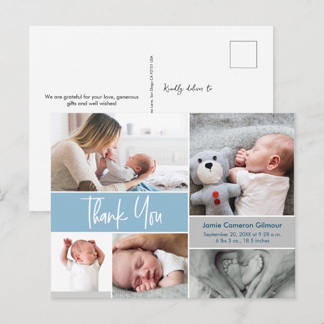Blue Handschrift Foto Collage Baby Shower Postkarte (Vorne/Hinten)