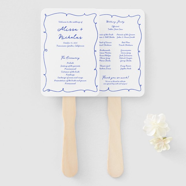 Blue Handwriting & Hand Drawn Wedding Program Fächer (Vorne und Hinten)
