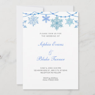 Blue Hanging Lights and Snowflakes White Wedding Einladung