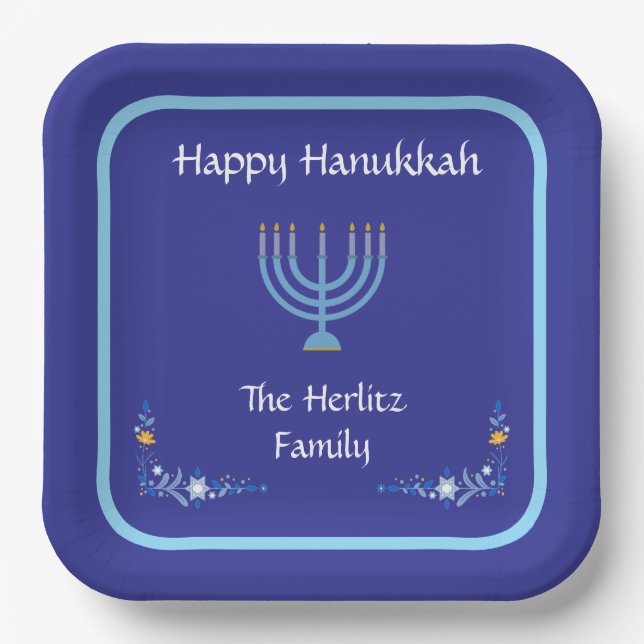 Blue HANUKKAH Menorah Customize NAME Pappteller (Vorderseite)