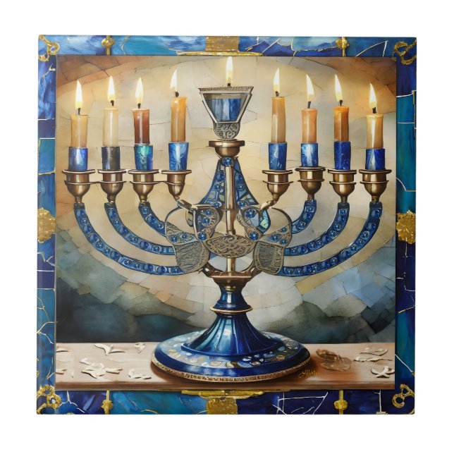 Blue Hanukkah Menorah Fliese (Vorderseite)