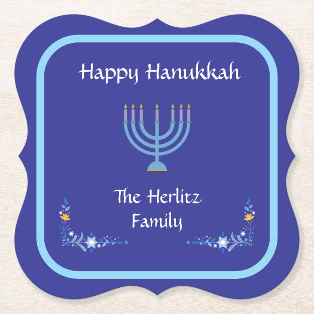 Blue HANUKKAH Menorah Kundenname Untersetzer (Vorderseite)