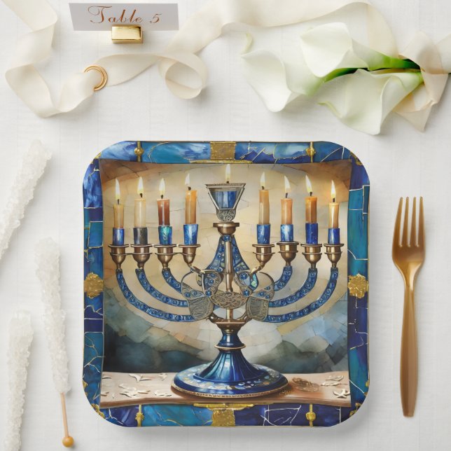 Blue Hanukkah Menorah Pappteller (Hochzeit)