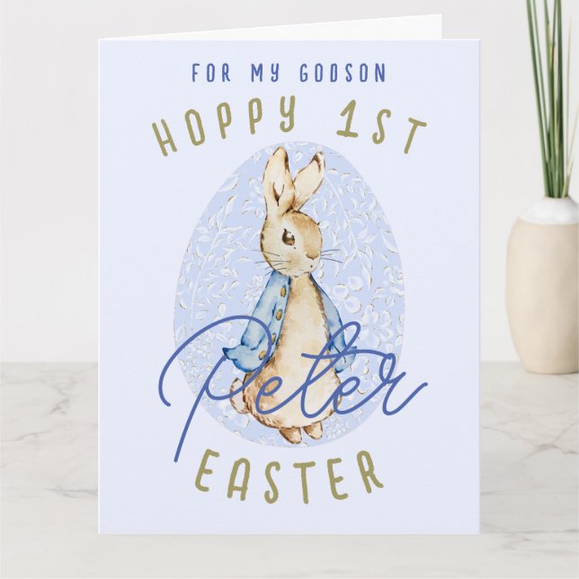 Blue Happy 1. Osterfest Bunny Egg Godson Name Card Karte (Vorderseite)