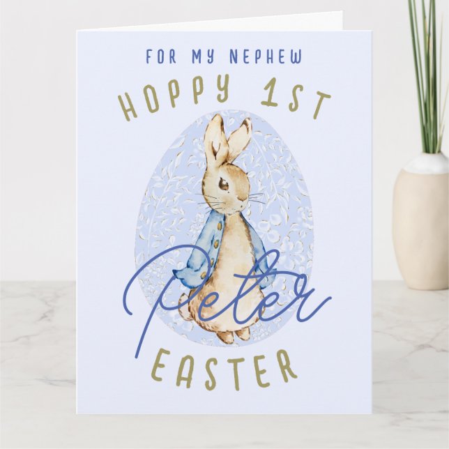Blue Happy 1st Osterbunny Egg Nephew Name Card Karte (Vorderseite)