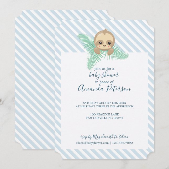 Blue Happy Baby Sloth Baby Dusche Einladung (Vorne/Hinten)