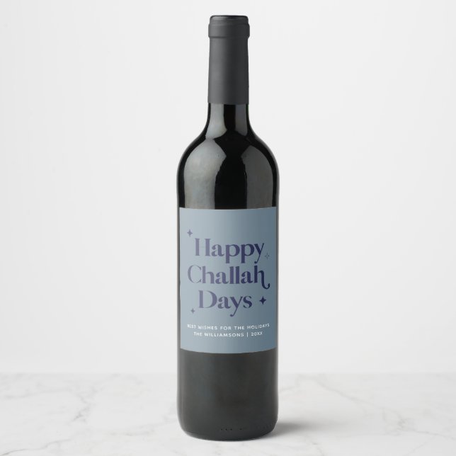 Blue Happy Challah Days Funny Hanukkah Holiday Weinetikett (Vorderseite)