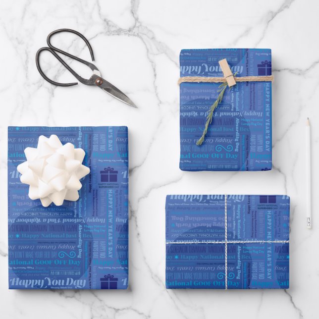 Blue Happy Days Wrapping Paper Geschenkpapier Set (Vorderseite)