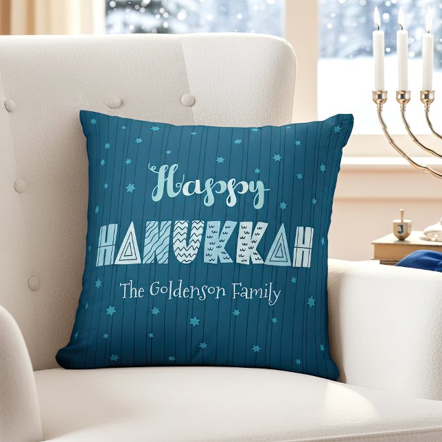 Blue Happy Hanukkah Typografie Star von David Name Kissen (Von Creator hochgeladen)