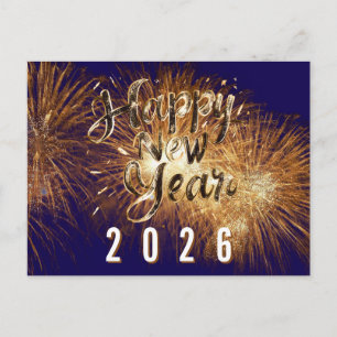 Blue Happy neues Jahr 2026 goldene Details Feuerwe Postkarte