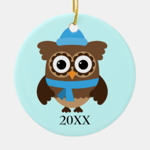Blue Hat Owl mit Blue Scarf Ornament