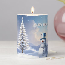 Blue Hat Snowman Christmas T Holiday Pillar Candle