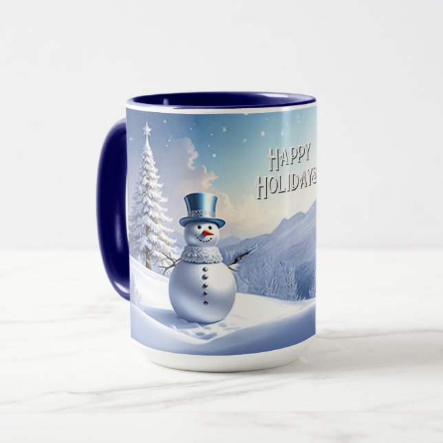 Blue Hat Snowman Christmas Tree Holiday Mug Tasse (Vorderseite Links)