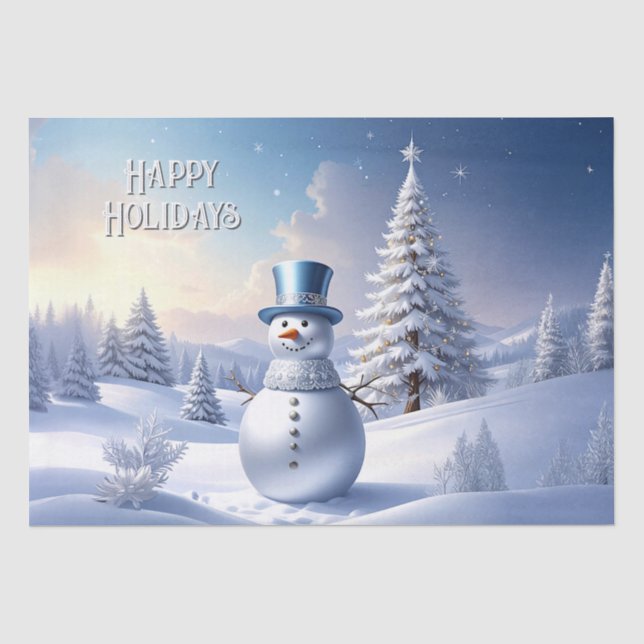 Blue Hat Snowman Christmas Tree Holiday Seidenpapier (Vorderseite)