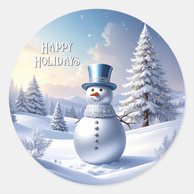 Blue Hat Snowman Christmas Tree Holiday Sticker (Devant)