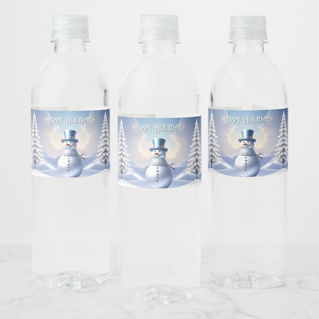 Blue Hat Snowman Christmas Tree Water Bottle Label (Flaschen)