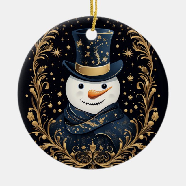 Blue Hat Snowman Gold Decorative Ornament (Vorne)