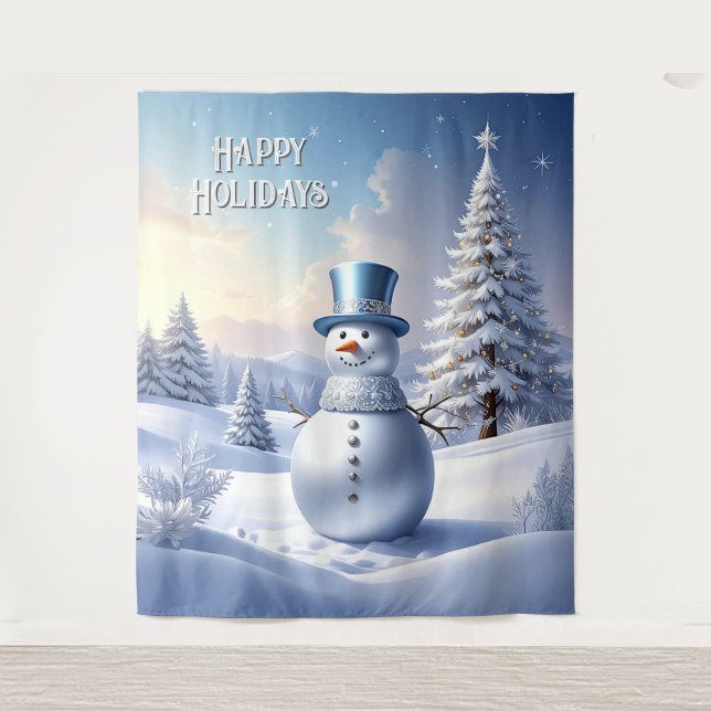 Blue Hat Snowman Holiday Backdrop Wandteppich (Vorderseite)