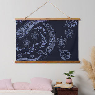 Blue Hawaiian Contemporary Tapa Wandteppich Mit Holzrahmen