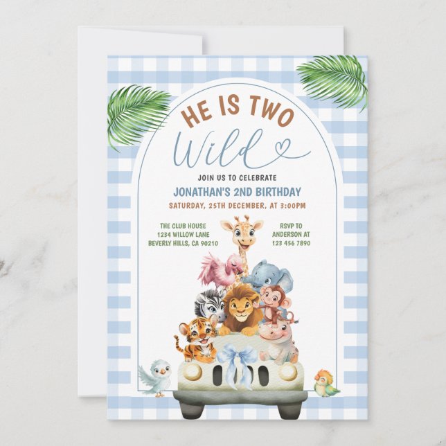 Blue He is Two Wild Safari Animals Birthday Party Einladung (Vorderseite)