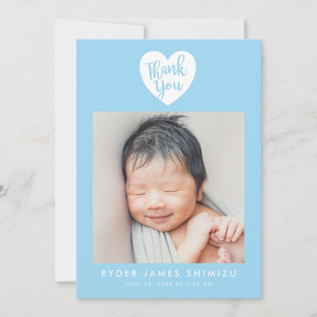 Blue Heart Baby Boy Vielen Dank, dass Sie Geburtst Ankündigung (Vorderseite)