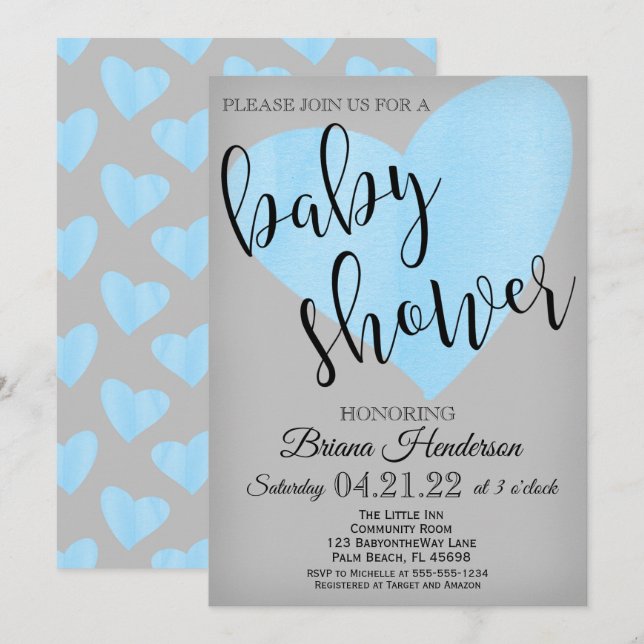 Blue Heart Baby Shower Einladung für ein Boy Scrip (Vorne/Hinten)