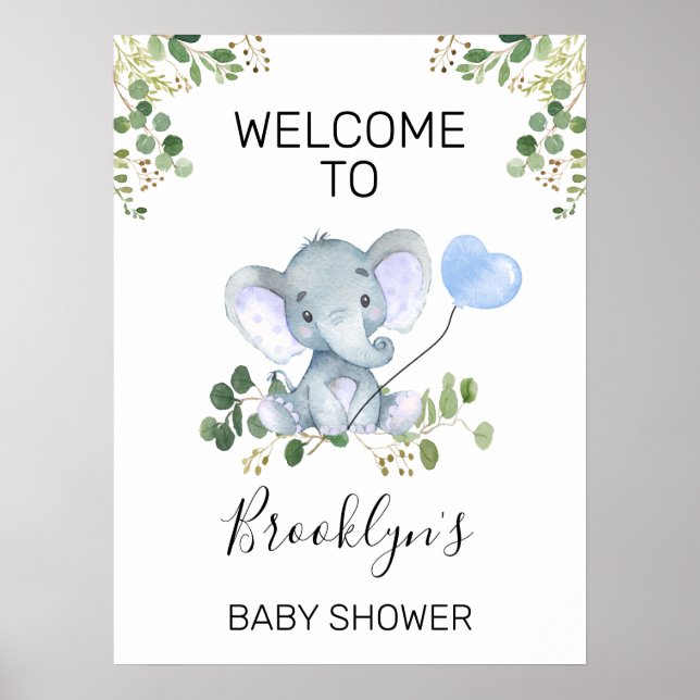 Blue Heart Balloon Elephant Baby Dusche Willkommen Poster (Vorne)