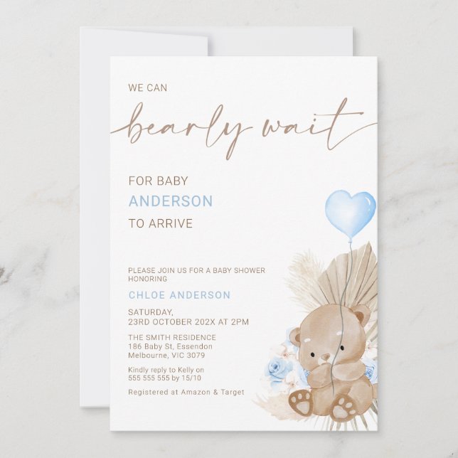 Blue Heart Balloon Floral Bearly Wait Baby Dusche Einladung (Vorderseite)