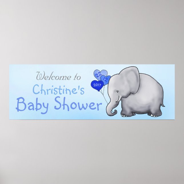 Blue Heart Balloons Elephant Boy Baby Dusche Poster (Vorne)