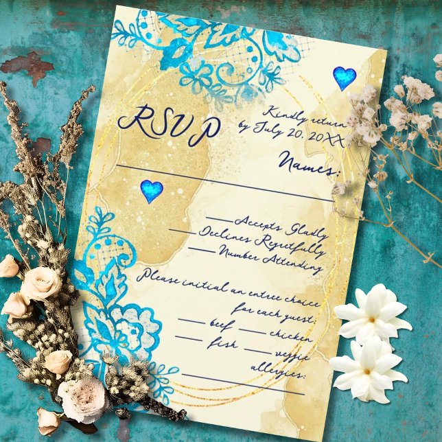 Blue Heart Baroque Gold Lace Mexican Wedding RSVP Karte (Classic Baroque charm glows with blue hearts and intricate floral flourishes.)