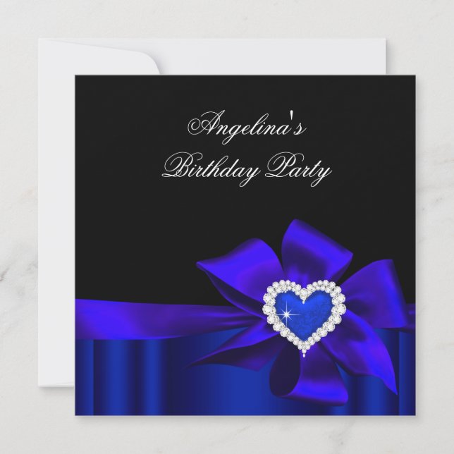 Blue Heart Black Birthday Party Bow Image Einladung (Vorderseite)