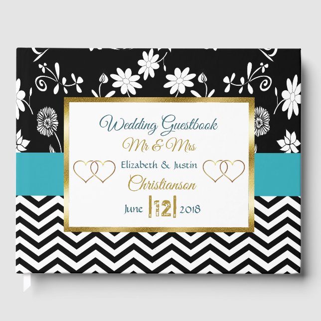 Blue Heart Book, Black and Gold Heart Wedbook Gästebuch (Vorderseite)
