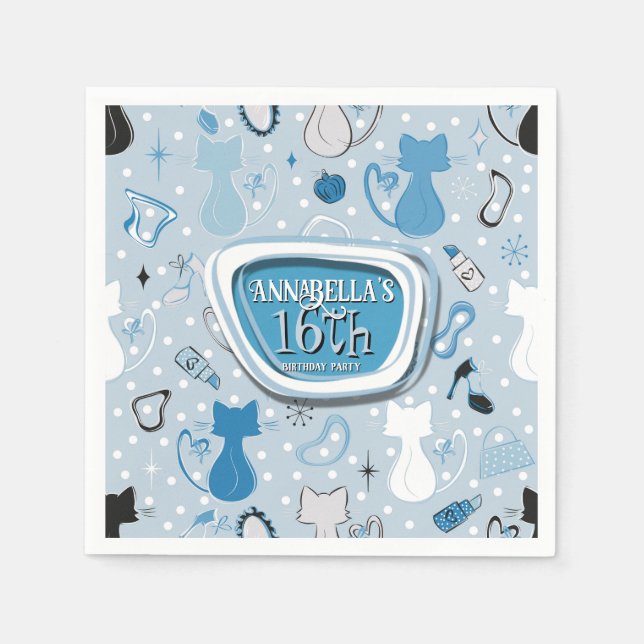 Blue Heart Cats Birthday Serviette (Vorderseite)