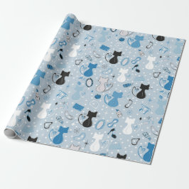 Blue Heart Cats Mitte des Jahrhunderts Geschenkpapier