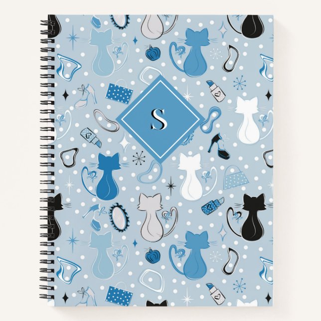Blue Heart Cats Mitte des Jahrhunderts Notizbuch (Vorderseite)